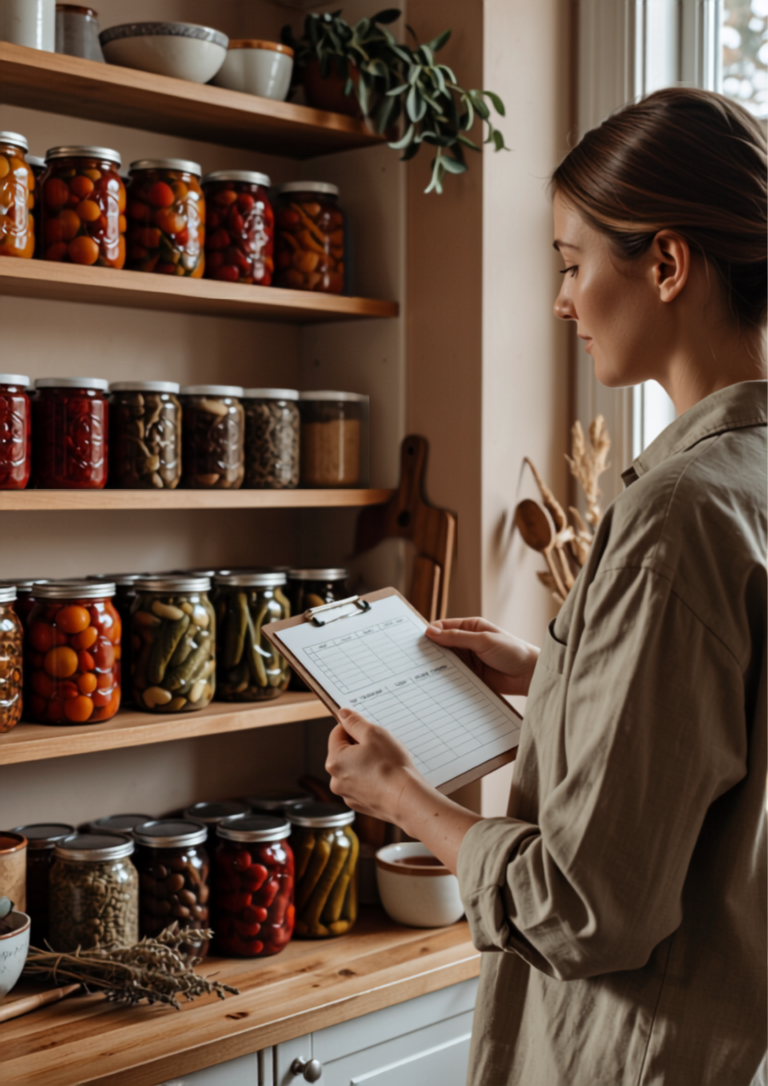Woman holding a clipboard with a canning log in front of pantry shelves stocked with home-canned fruits and vegetables in mason jars.