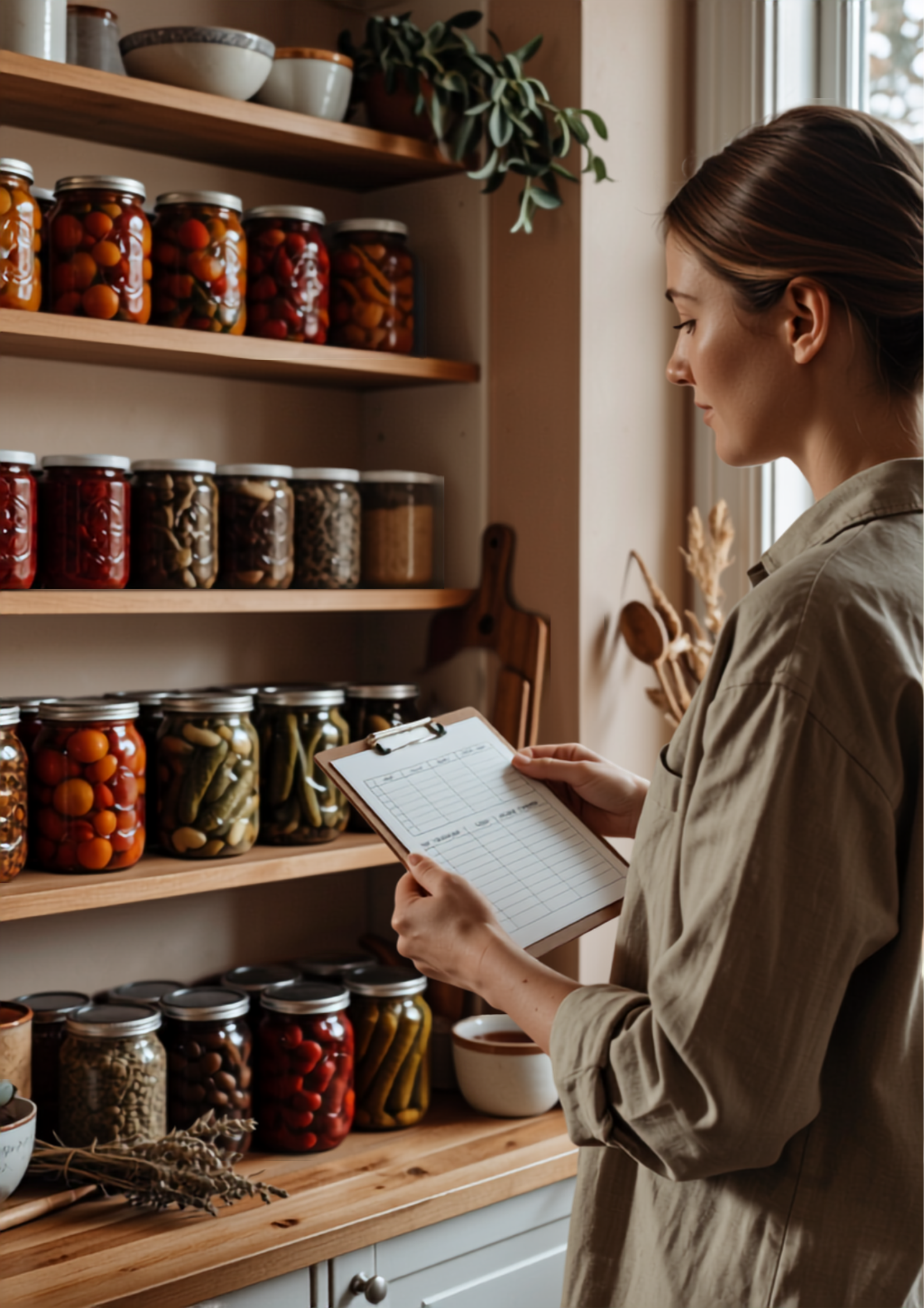 Woman holding a clipboard with a canning log in front of pantry shelves stocked with home-canned fruits and vegetables in mason jars.