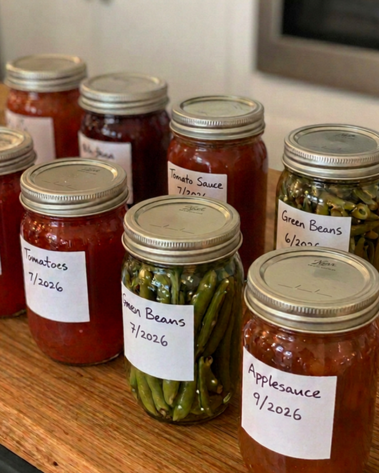 Home-canned tomatoes, green beans, tomato sauce, and applesauce in mason jars with handwritten date labels on a wood shelf.