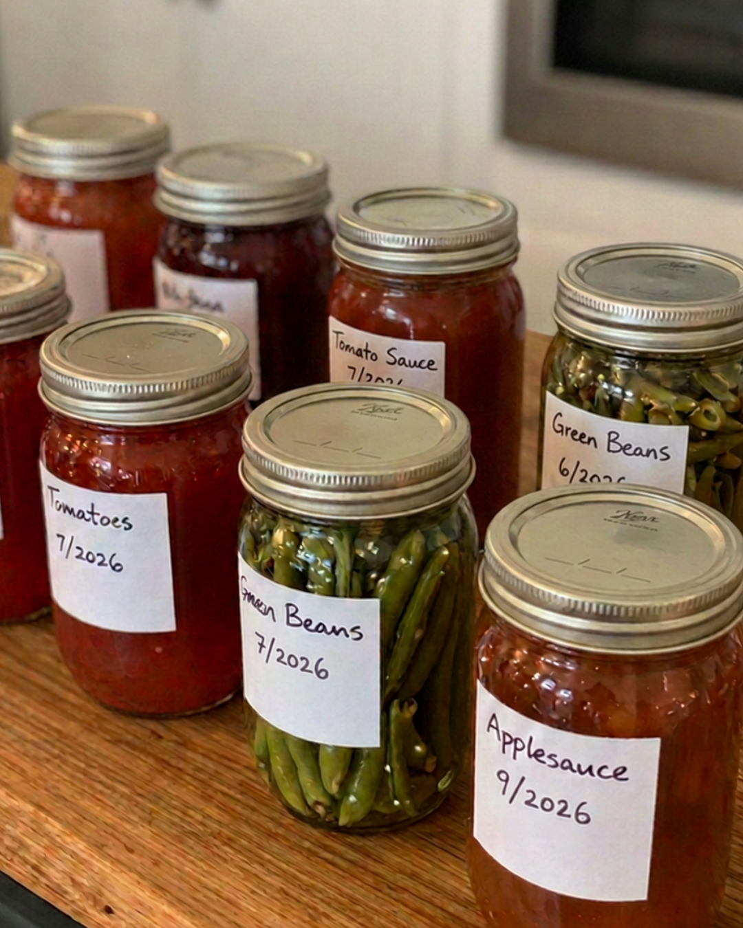 Home-canned tomatoes, green beans, tomato sauce, and applesauce in mason jars with handwritten date labels on a wood shelf.