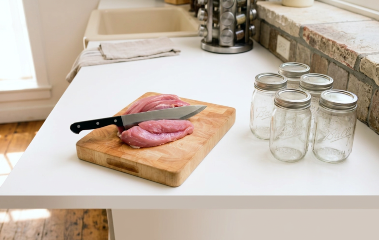 Raw meat on a wooden cutting board with a chef's knife next to empty Ball mason jars on a kitchen counter, ready for canning.