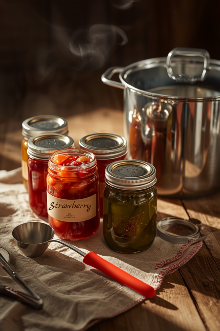 Mason jars of home-canned strawberry jam and pickles next to a steaming stockpot, ladle, and jar tongs on a linen cloth — basic home canning equipment on a wooden surface.