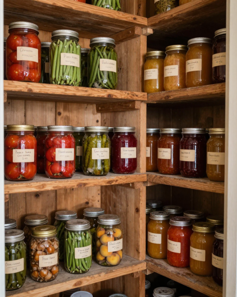 Rustic wooden pantry shelves lined with labeled mason jars of home-canned vegetables, fruits, and preserves.